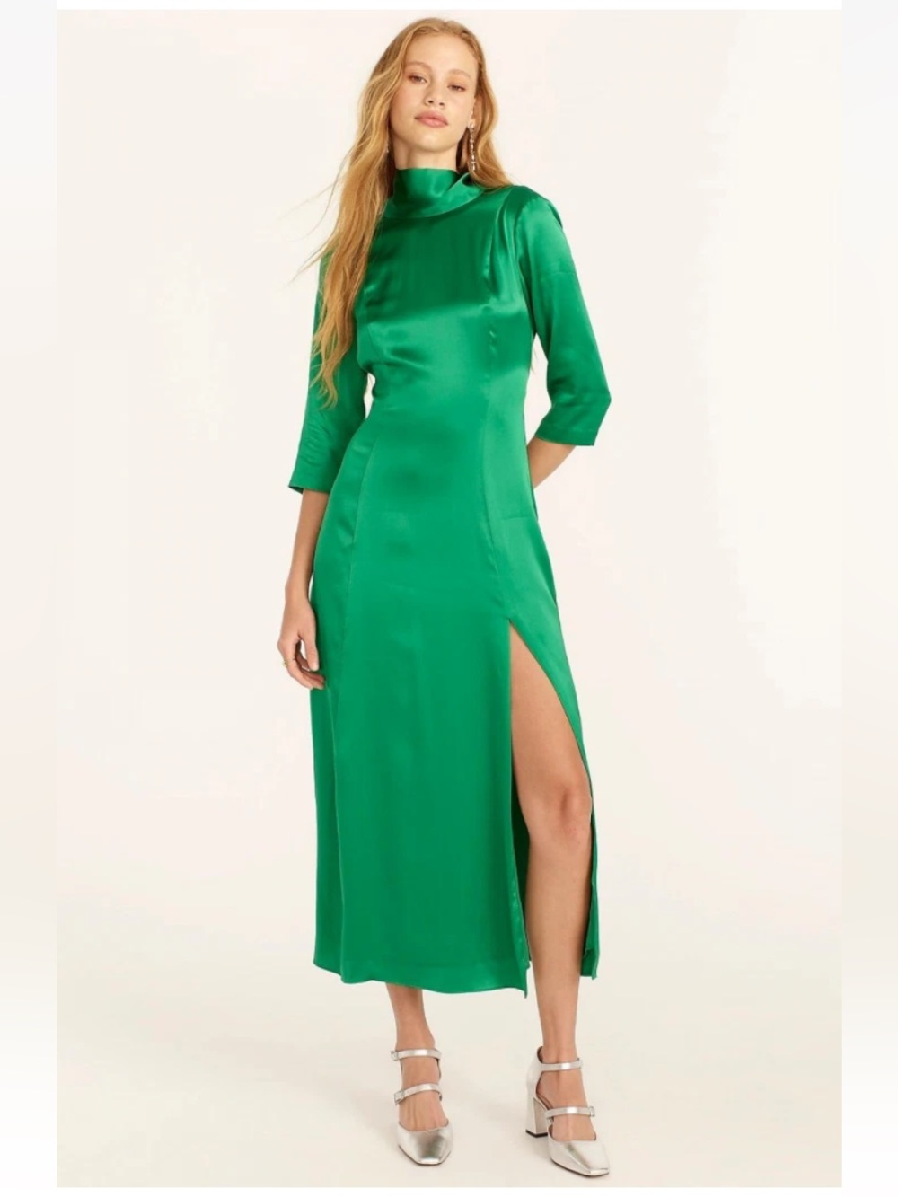 J. Crew Collection Silk Kelly Green High-Neck Midi Dress, Size 8